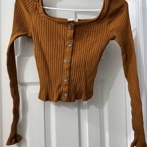 Heart Hips Ribbed Button-Down Top in Brown